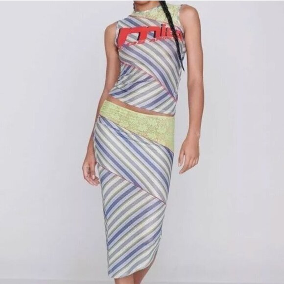 Miaou Valentina Mixed Print Asymmetrical Midi Skirt & Sasha Stripe Tee - Picture 1 of 6